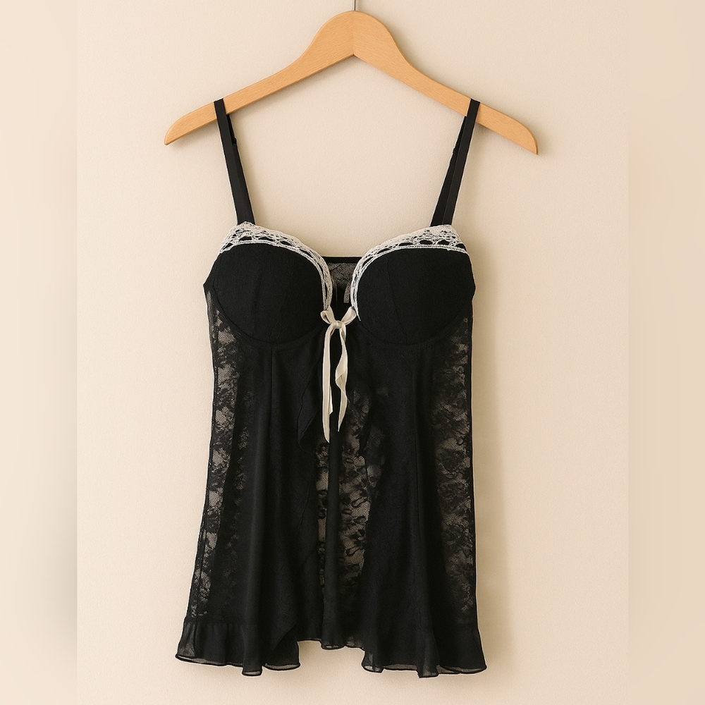 #233 Linea Donatella XL Black Lace Babydoll Chemise